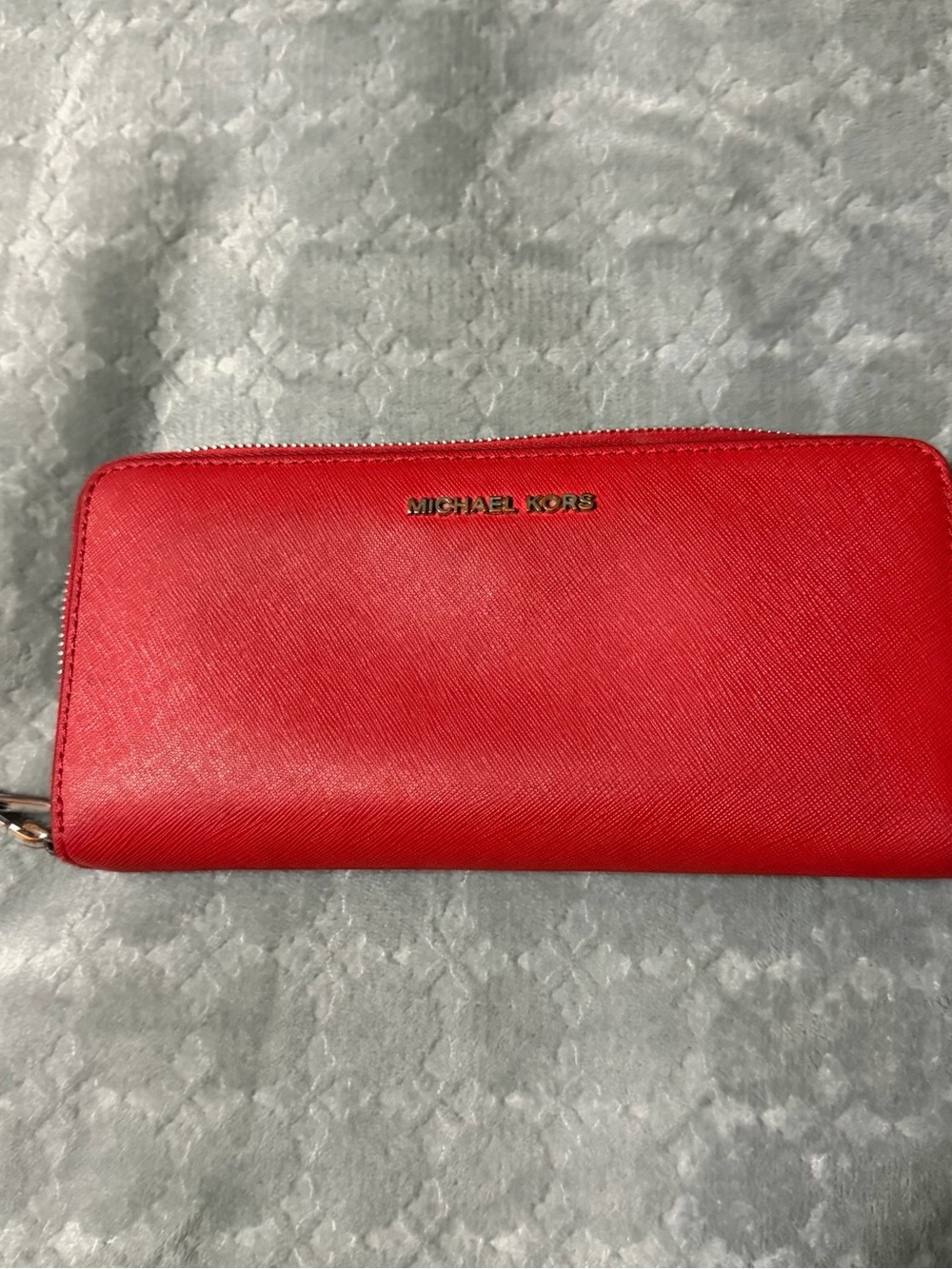 Michael Kors Red Saffiano Zip-Around Wallet with Gold Logo